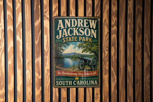 A vintage-style metal sign for Andrew Jackson State Park in South Carolina, featuring a cannon and a scenic landscape.