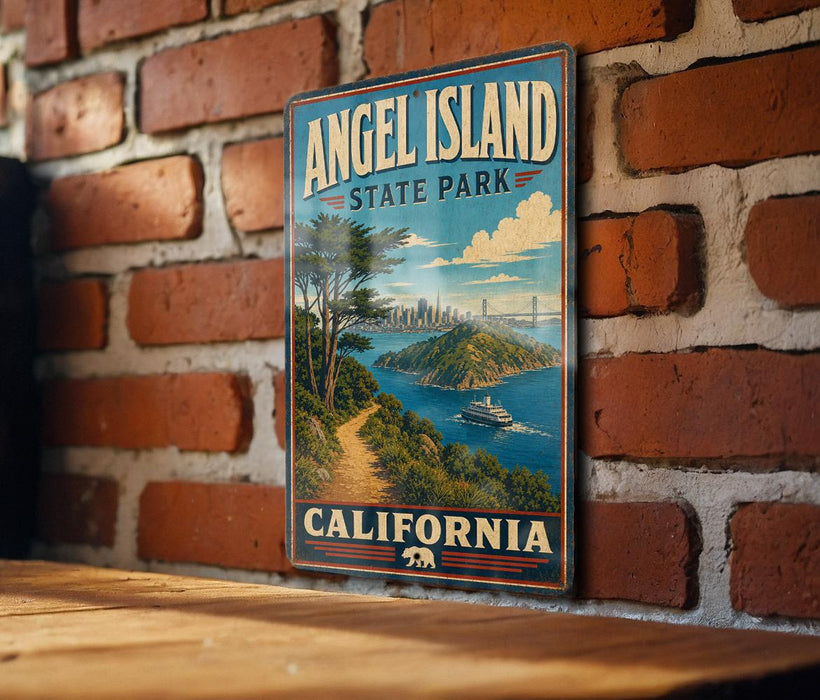 A vintage-style metal sign for Angel Island State Park in California, featuring a scenic illustration of the island and its surrounding landscape.