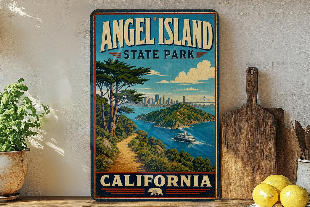 A vintage-style poster of Angel Island, California, featuring a scenic landscape with a path leading to the island, a boat on the water, and a city skyline in the background.