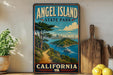 A vintage-style poster of Angel Island, California, featuring a scenic landscape with a path leading to the island, a boat on the water, and a city skyline in the background.
