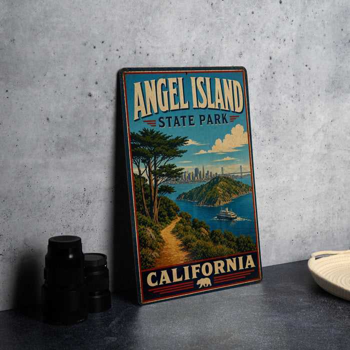 A vintage-style metal sign for Angel Island State Park in California, featuring a scenic landscape with a path leading to the park and a boat on the water.