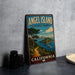 A vintage-style metal sign for Angel Island State Park in California, featuring a scenic landscape with a path leading to the park and a boat on the water.