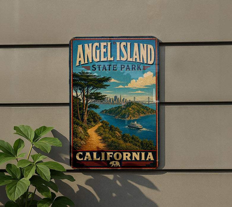 A vintage-style metal sign for Angel Island State Park in California, featuring a scenic landscape with a path leading to the island and a bridge in the background.