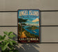 A vintage-style metal sign for Angel Island State Park in California, featuring a scenic landscape with a path leading to the island and a bridge in the background.