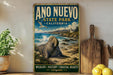 a vintage-style sign for Año Nuevo State Park, California, with a scenic illustration of a seal resting on the beach.