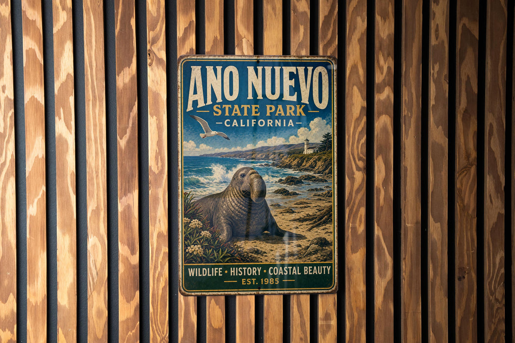 A vintage metal sign for Ano Nuevo State Park, California, featuring a seal and a coastal landscape.