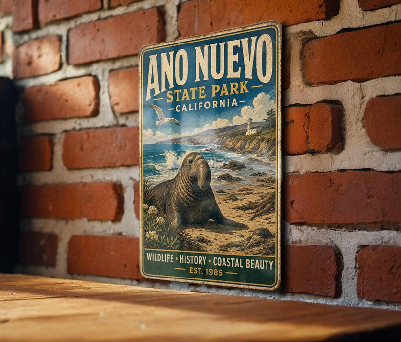 A vintage-style metal sign for Ano Nuevo State Park, California, featuring a seal and a coastal landscape.