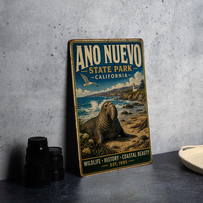 A vintage-style metal sign for Ano Nuevo State Park, California, featuring a seal and a coastal landscape.