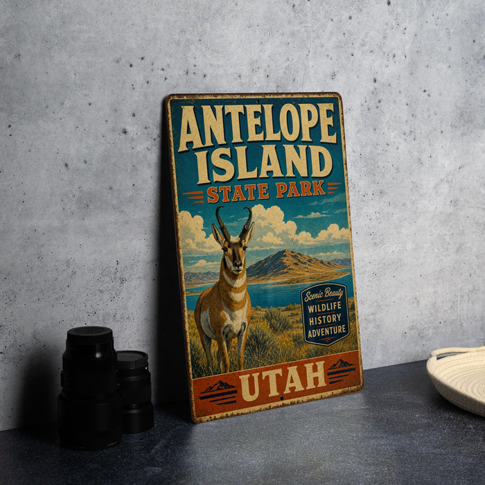 A vintage metal sign for Antelope Island State Park in Utah, featuring an illustration of a mountain range and a mountain goat.