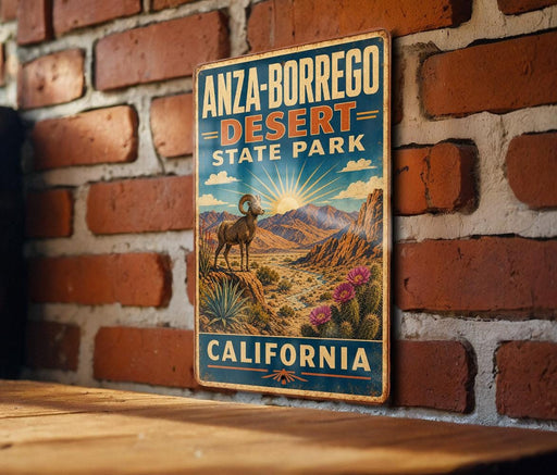 A vintage metal sign for Anza-Borrego Desert State Park in California, featuring a desert landscape with a ram and cactus in the foreground.