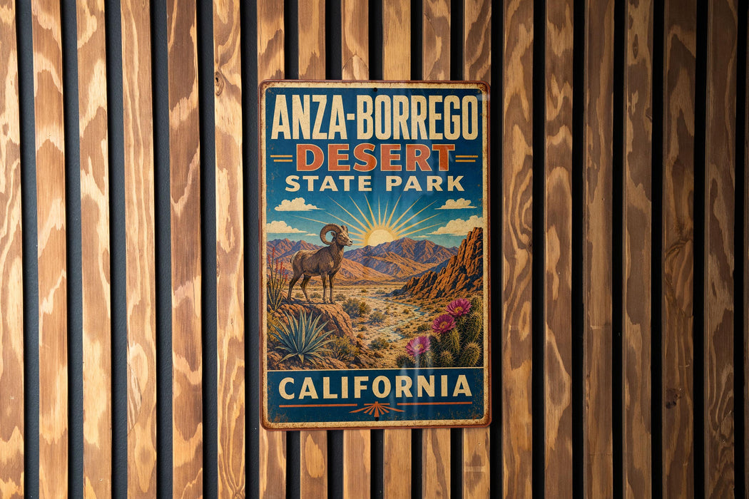 A vintage metal sign for ANZA-BORREGO DESERT STATE PARK in California, featuring a desert landscape with a ram and cactus.