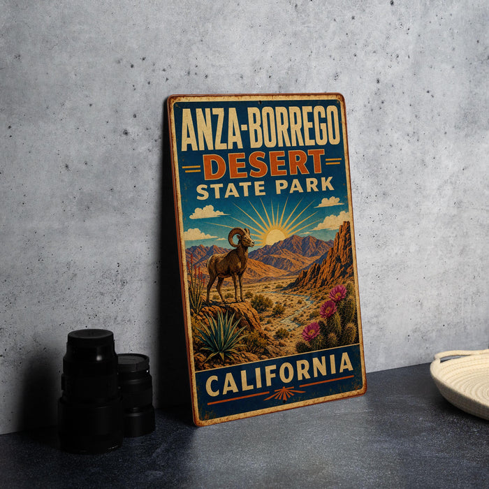 A vintage-style metal sign for Anza-Borrego Desert State Park in California, featuring an illustration of a ram and desert landscape.