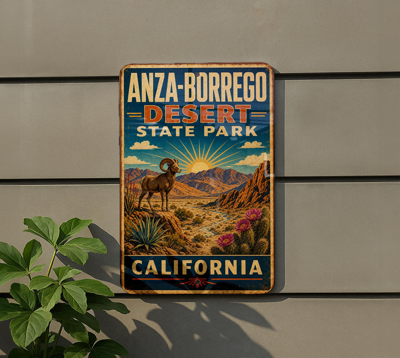 A vintage-style metal sign for Anza-Borrego Desert State Park in California, featuring a desert landscape with a ram and cacti.