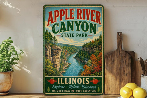 A vintage-style sign for Apple River Canyon State Park in Illinois, featuring a scenic illustration of the canyon and a message encouraging exploration, relaxation, and adventure.