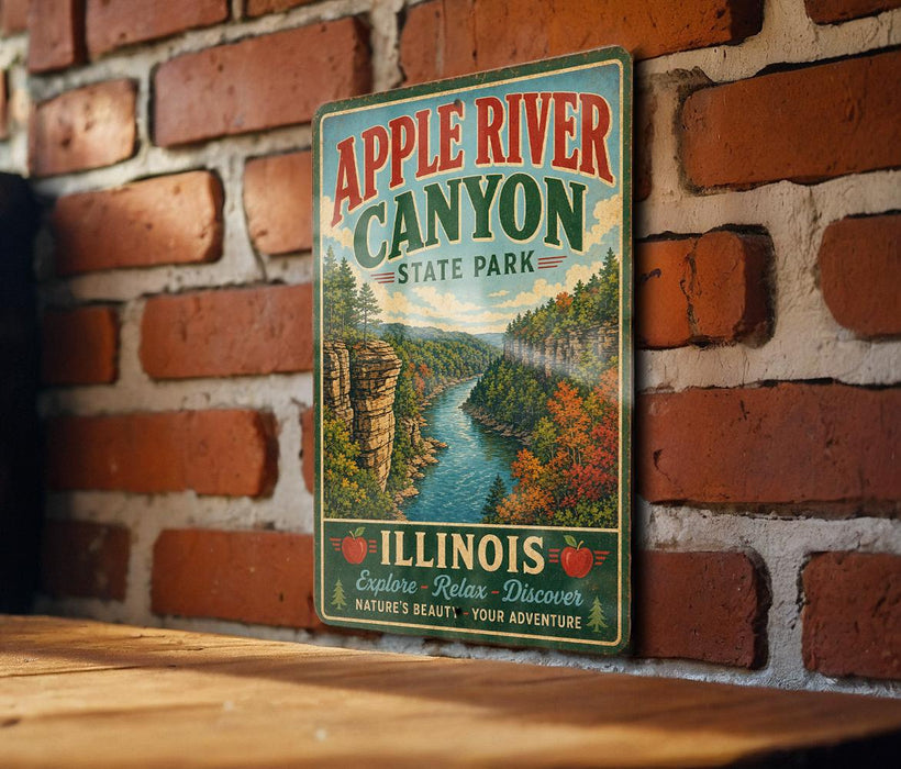 A vintage-style metal sign for Apple River Canyon State Park in Illinois, featuring a scenic illustration of the canyon and its surroundings.