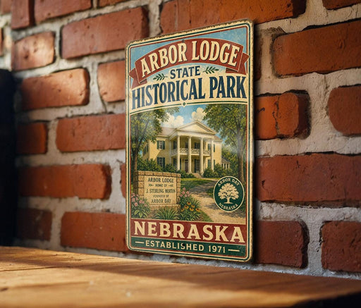 A vintage-style sign for Arbor Lodge State Historical Park in Nebraska, featuring a brick wall and a wooden table in the background.