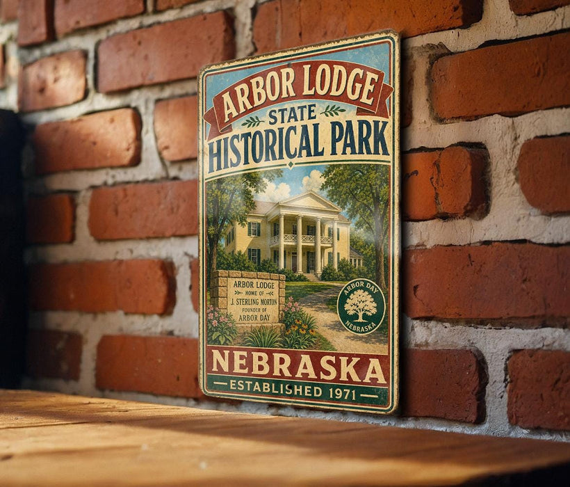 A vintage-style sign for Arbor Lodge State Historical Park in Nebraska, featuring a brick wall and a wooden table in the background.