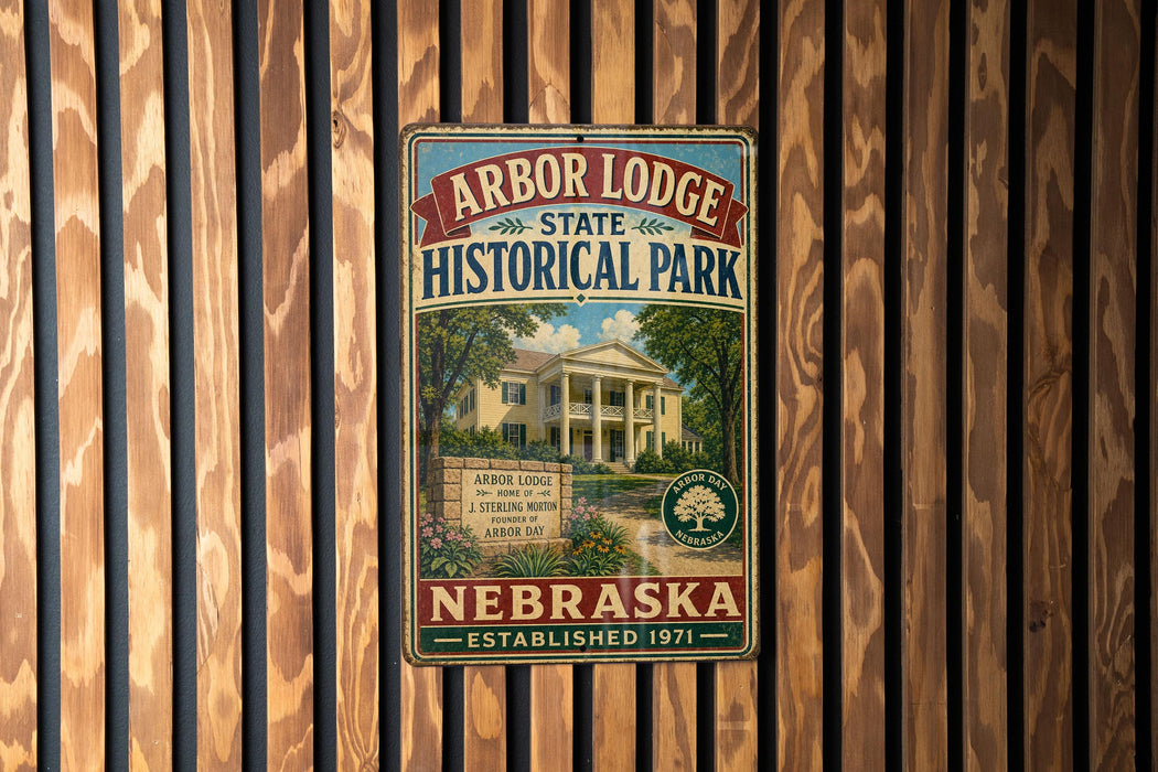 A vintage-style metal sign for Arbor Lodge State Historical Park in Nebraska, featuring an illustration of a lodge surrounded by trees and a sign that reads "Established 1971".