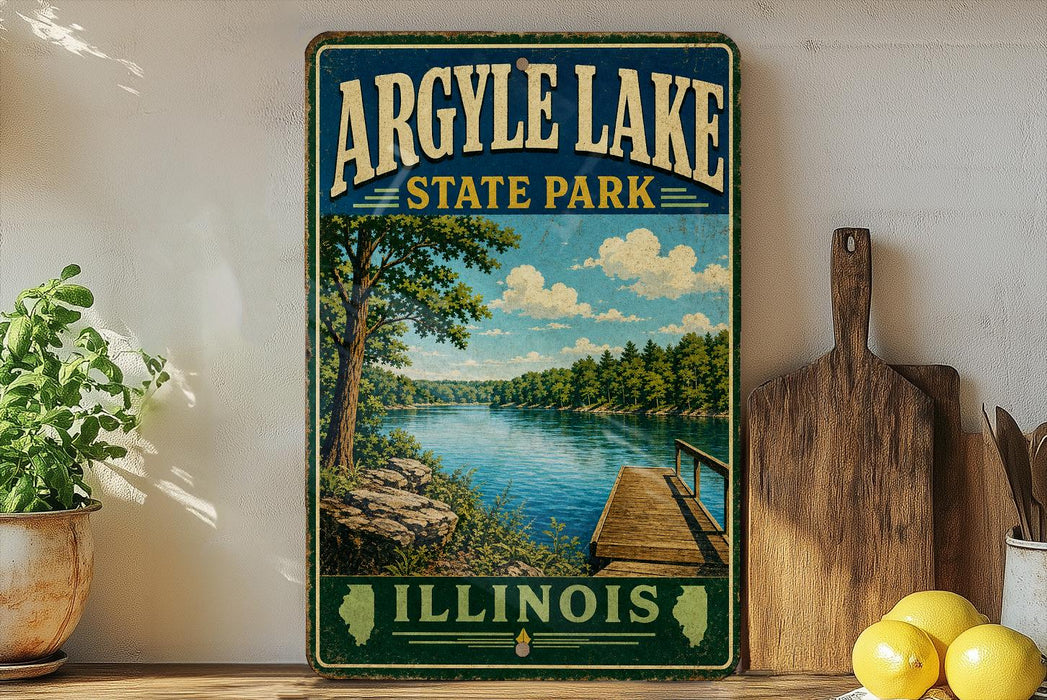 A vintage-style sign for Argyle Lake State Park in Illinois, featuring a scenic landscape with a wooden dock and a lake surrounded by trees.