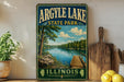 A vintage-style sign for Argyle Lake State Park in Illinois, featuring a scenic landscape with a wooden dock and a lake surrounded by trees.