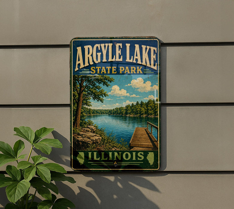 A vintage-style sign for Argyle Lake State Park in Illinois, featuring a scenic image of the lake and surrounding landscape.