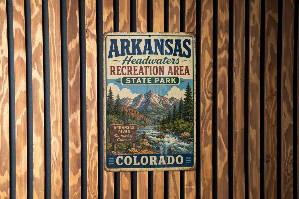 A vintage metal sign for Arkansas Headwaters Recreation Area State Park in Colorado, featuring a scenic mountain landscape.