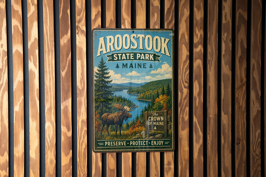 A vintage metal sign for Aroostook State Park in Maine, featuring a moose and a scenic landscape.