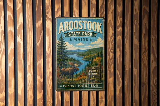 A vintage metal sign for Aroostook State Park in Maine, featuring a moose and a scenic landscape.