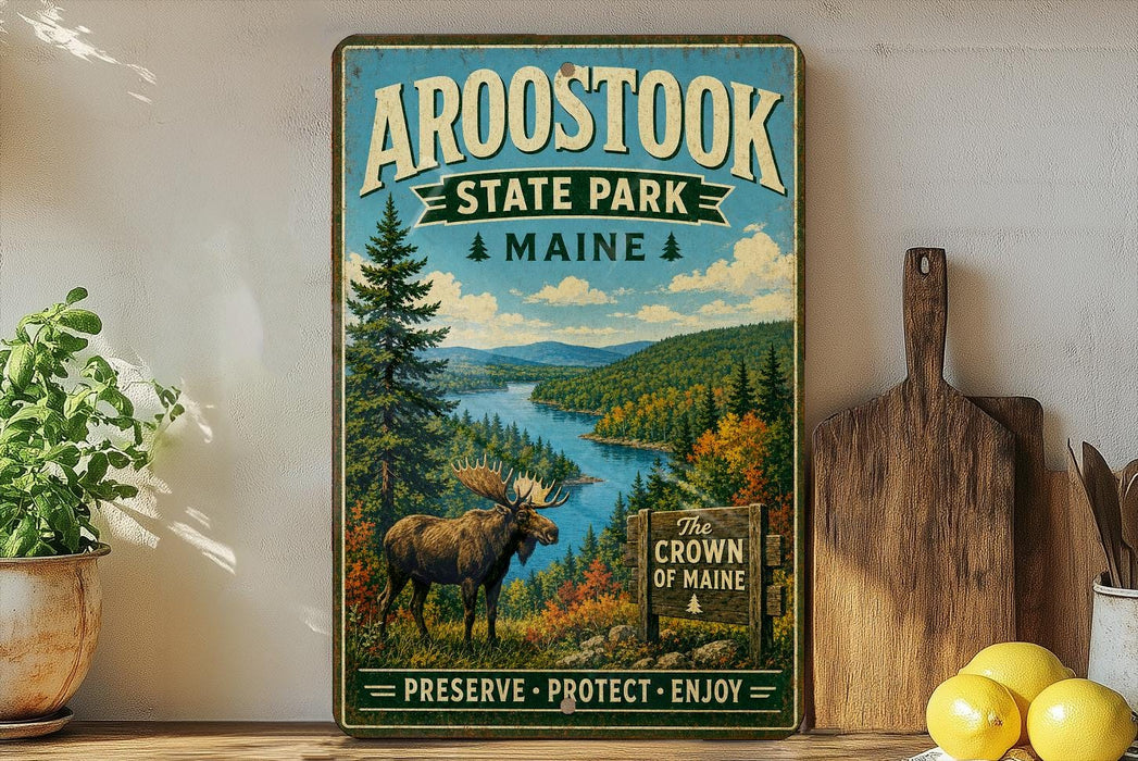 A vintage-style metal sign for Aroostook State Park in Maine, featuring a moose in a forest landscape.