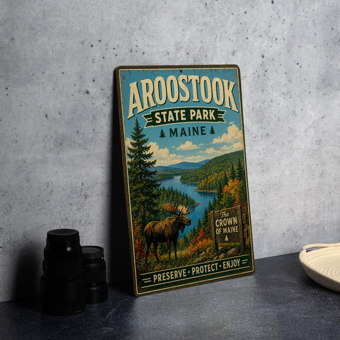 A vintage metal sign for Aroostook State Park in Maine, featuring a moose and a scenic landscape.