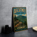 A vintage-style metal sign for Ascutney State Park in Vermont, featuring a scenic mountain landscape with pine trees and a winding path.