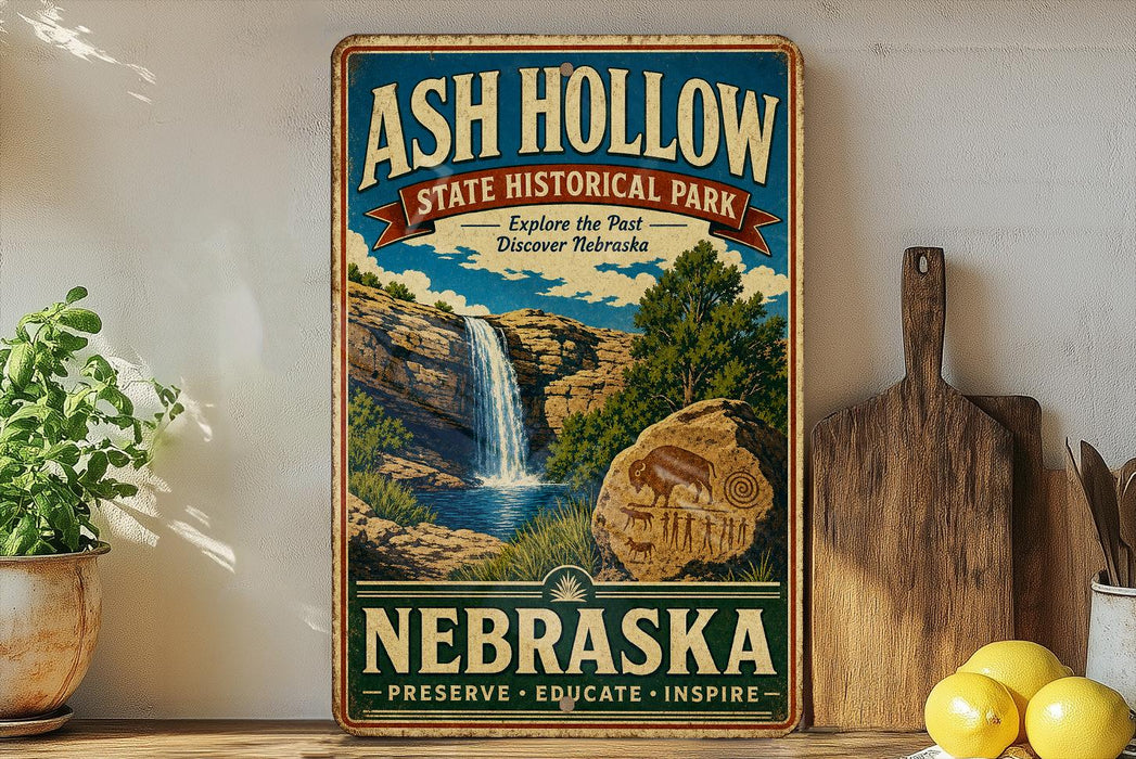 A vintage-style sign for Ash Hollow State Historical Park in Nebraska, featuring a waterfall and a rock formation, is displayed on a shelf next to a wooden cutting board and some lemons.