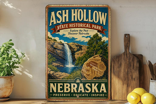A vintage-style sign for Ash Hollow State Historical Park in Nebraska, featuring a waterfall and a rock formation, is displayed on a shelf next to a wooden cutting board and some lemons.