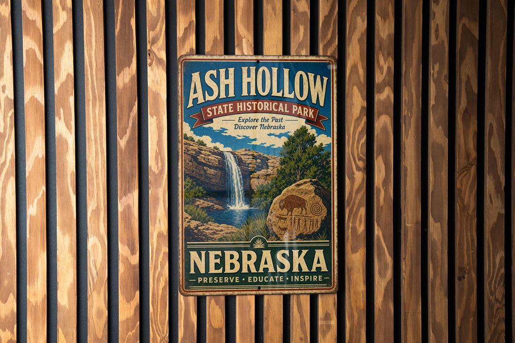 A vintage-style metal sign for Ash Hollow State Historical Park in Nebraska, featuring a waterfall and a Native American symbol.