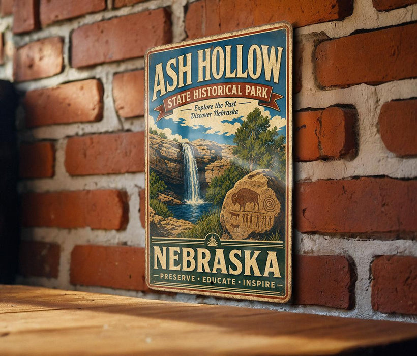 A vintage-style metal sign for Ash Hollow State Historical Park in Nebraska, featuring a waterfall and a buffalo, mounted on a brick wall.