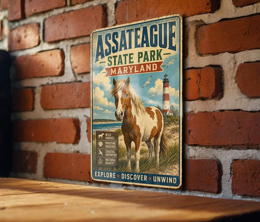 A vintage metal sign for Assateague State Park in Maryland, featuring a horse and a lighthouse, is displayed on a brick wall.