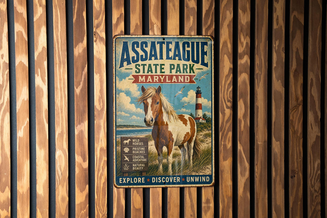 A metal sign with a horse and lighthouse in the background, mounted on a wooden fence.