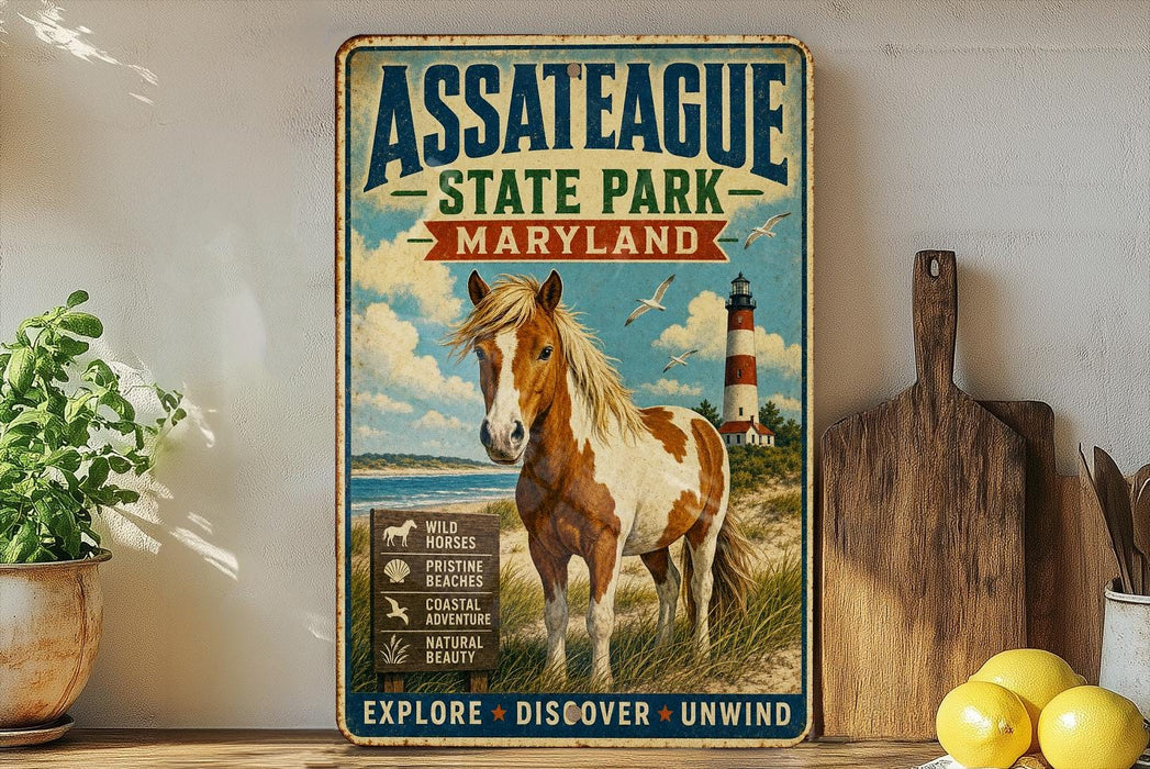 A vintage metal sign forASSATTEAGUE STATE PARK, MARYLAND, featuring a brown and white horse in a grassy field with a lighthouse in the background.