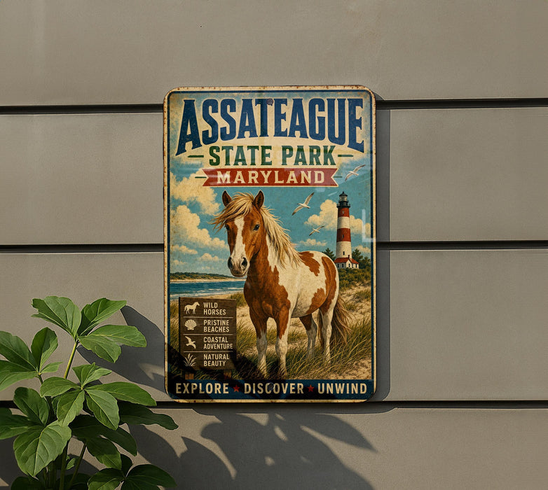 A vintage metal sign for Assateague State Park, Maryland, featuring a horse and lighthouse in the background.