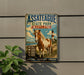 A vintage metal sign for Assateague State Park, Maryland, featuring a horse and lighthouse in the background.