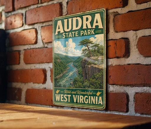 A vintage-style metal sign for Audra State Park in West Virginia, featuring a scenic landscape with a river and mountains.