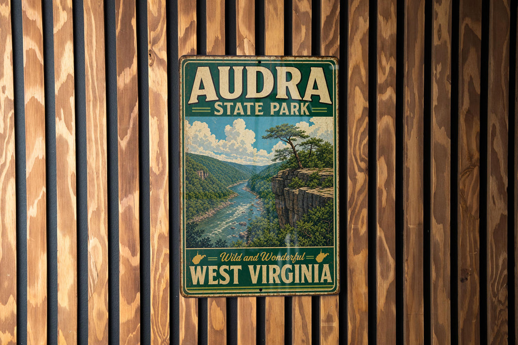 A vintage metal sign for Audra State Park in West Virginia, featuring a scenic image of a river and mountains.