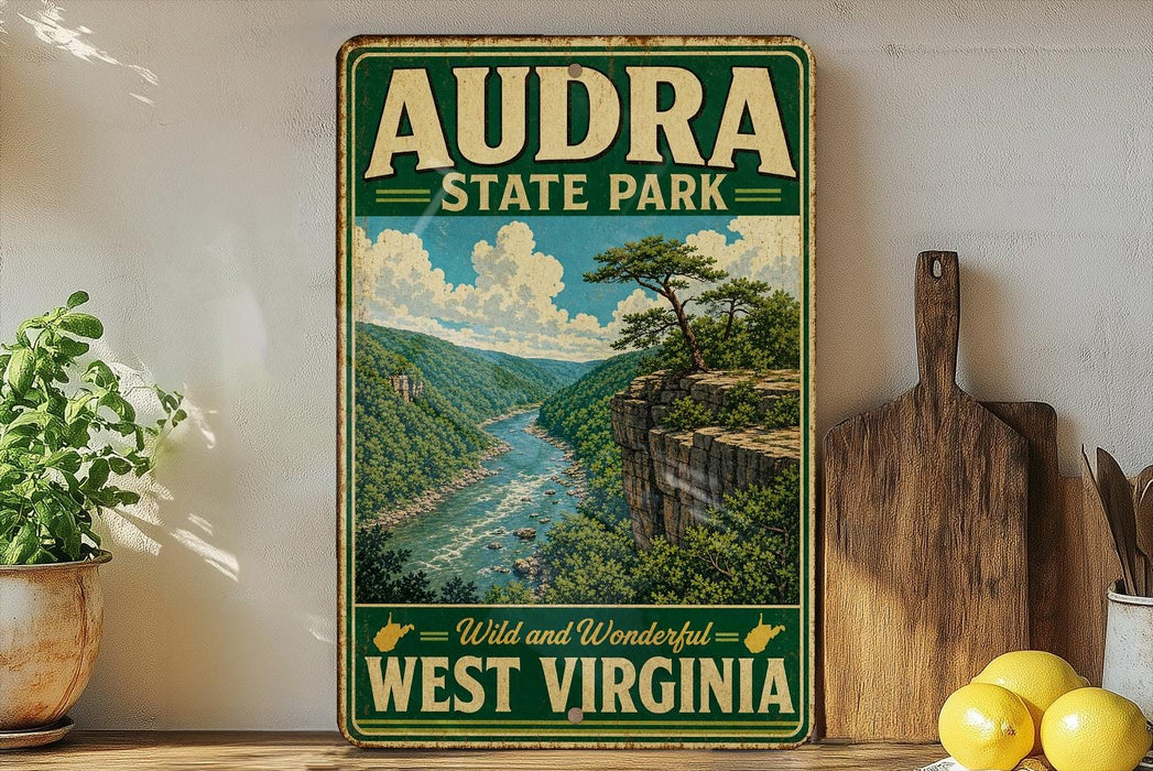 a vintage-style sign for Audra State Park, with a scenic landscape of a river and mountains in the background.