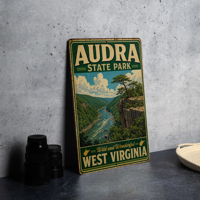 a vintage-style sign for Audra State Park, with a scenic illustration of a river and mountains in the background.