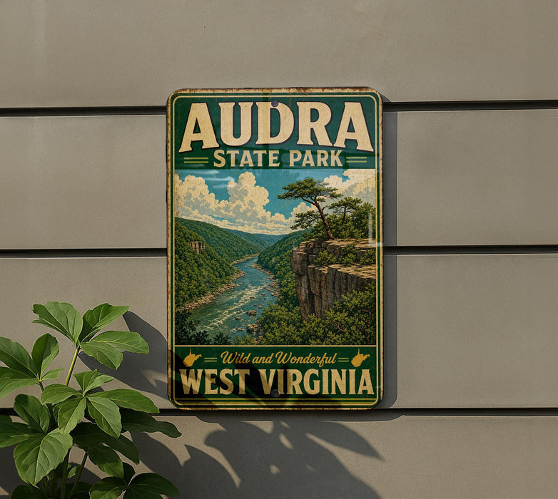 A vintage-style metal sign for Audra State Park in West Virginia, featuring a scenic landscape with a river and mountains.