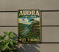 A vintage-style metal sign for Audra State Park in West Virginia, featuring a scenic landscape with a river and mountains.