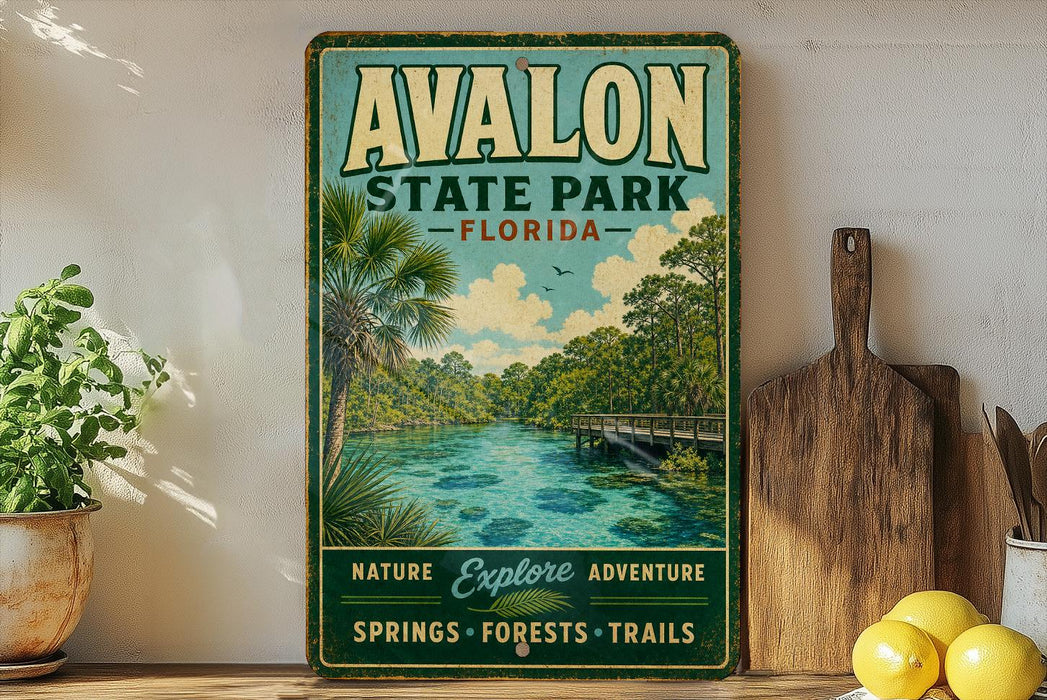 a vintage-style sign for the Florida State Park, with a scenic illustration of a river, palm trees, and a bridge. The sign is displayed on a shelf next to a wooden cutting board and some potted plants.