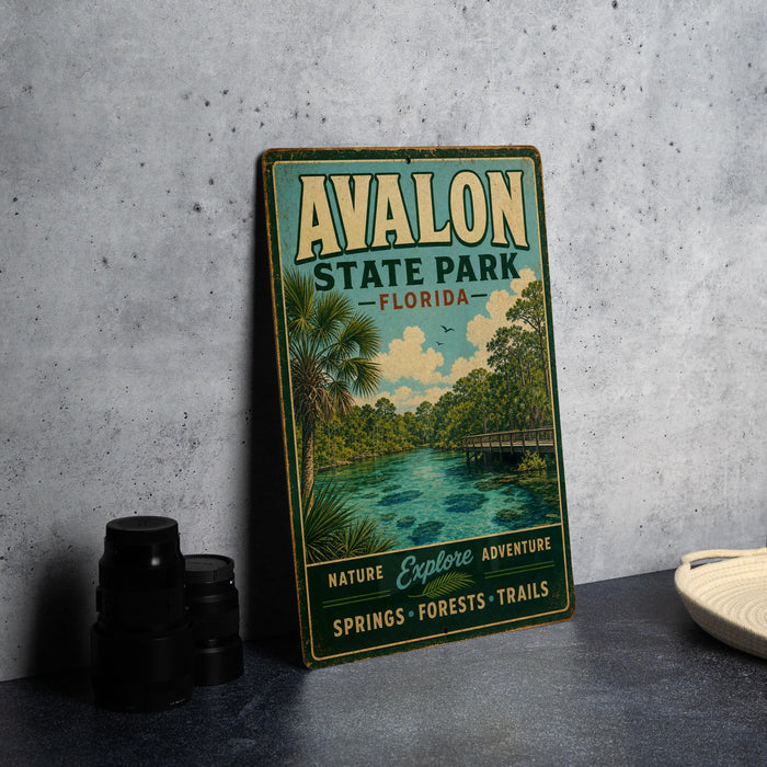 A vintage-style sign for "Avalon State Park - Florida" is displayed on a gray concrete surface, featuring a scenic illustration of a river, palm trees, and a bridge.