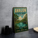 A vintage-style sign for "Avalon State Park - Florida" is displayed on a gray concrete surface, featuring a scenic illustration of a river, palm trees, and a bridge.