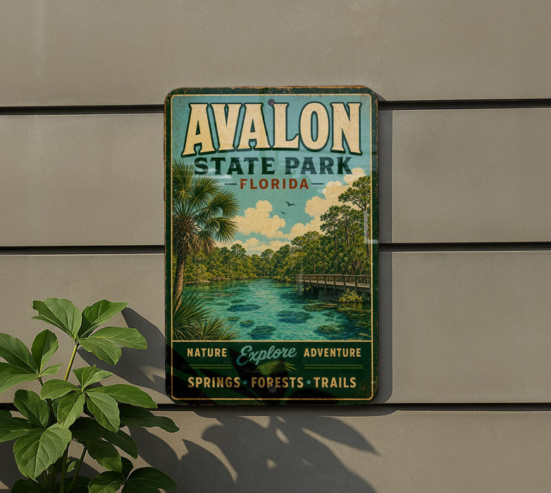 A vintage-style sign for Florida State Park, featuring a scenic image of a river surrounded by palm trees and a bridge.